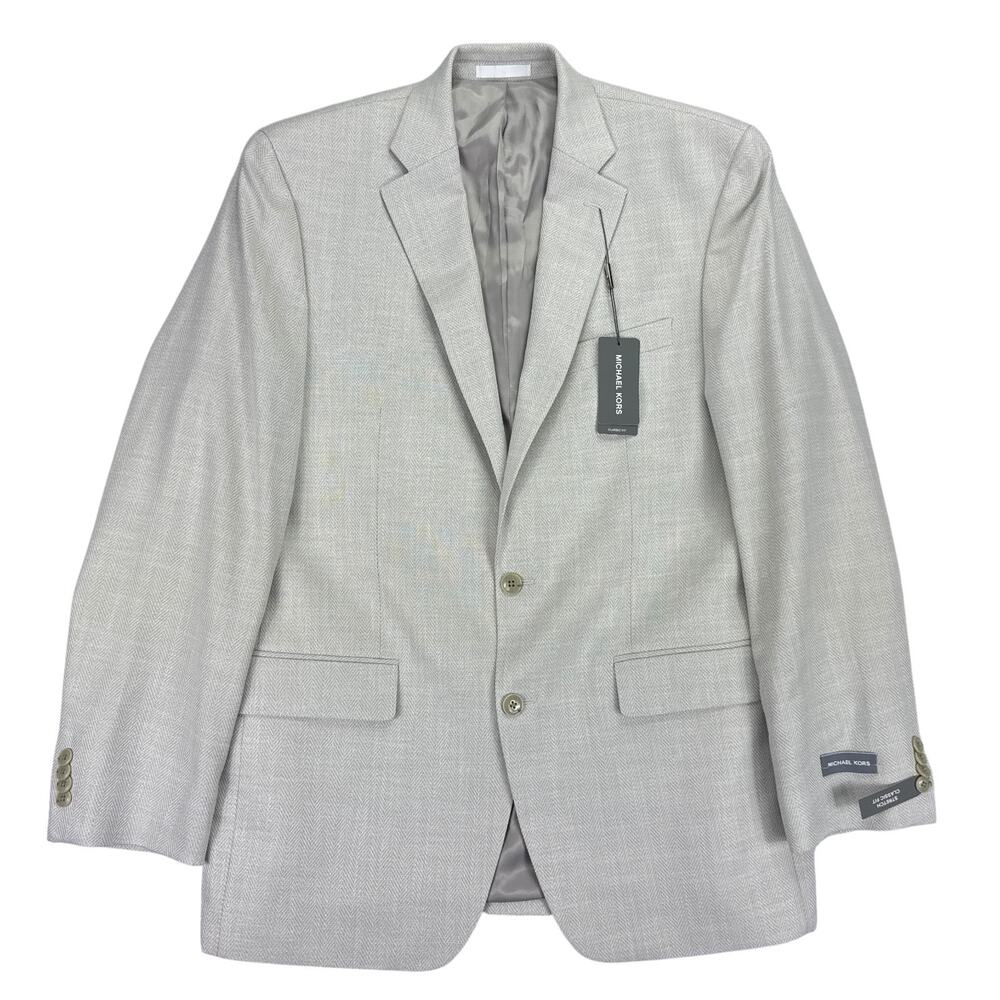 Michael Kors Mens Classic Fit Stretch Herringbone Sport Coat Silver Gray 42L